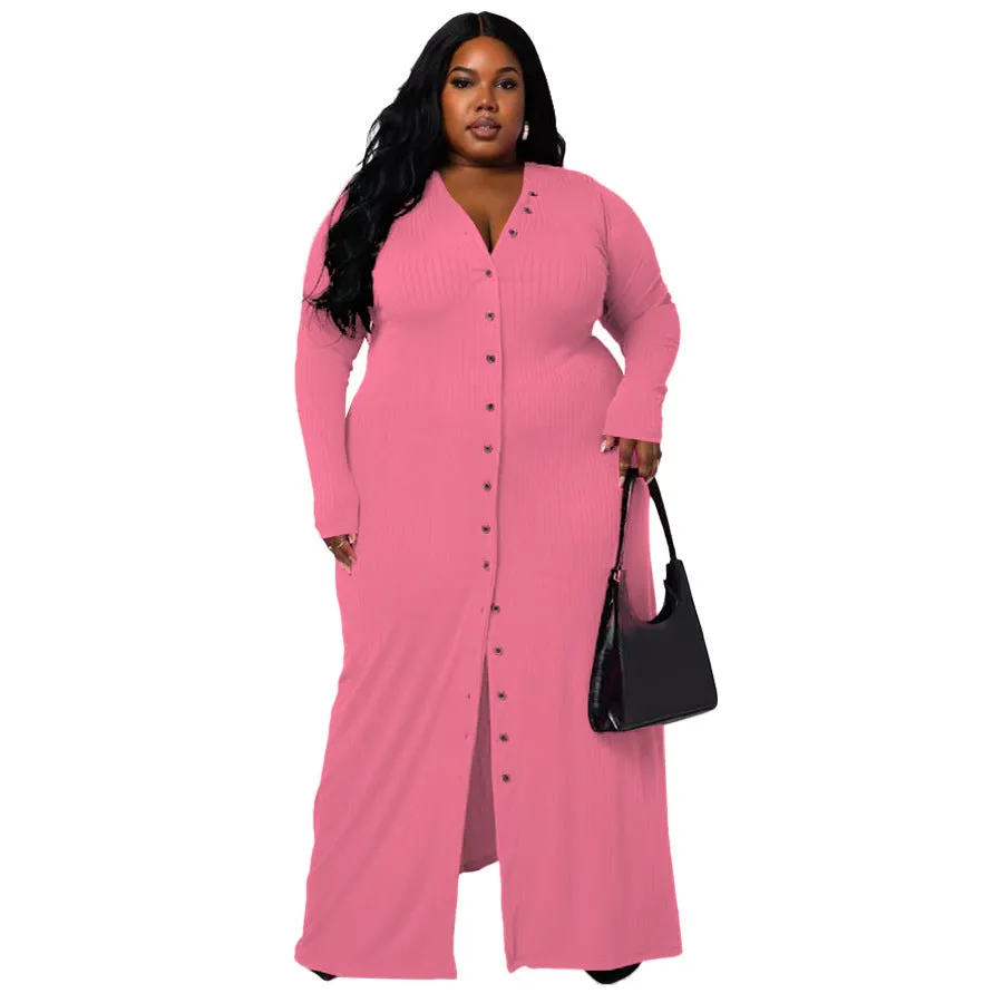 Plus Size Rib Button Maxi Shirt Dress