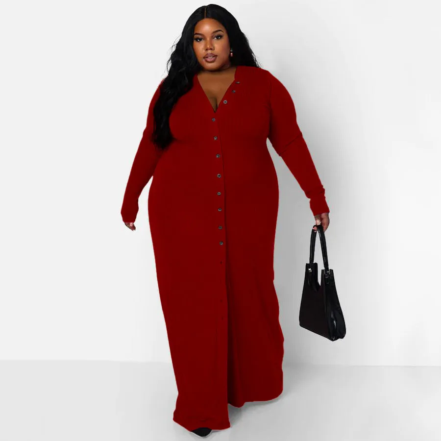 Plus Size Rib Button Maxi Shirt Dress