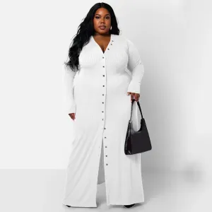 Plus Size Rib Button Maxi Shirt Dress