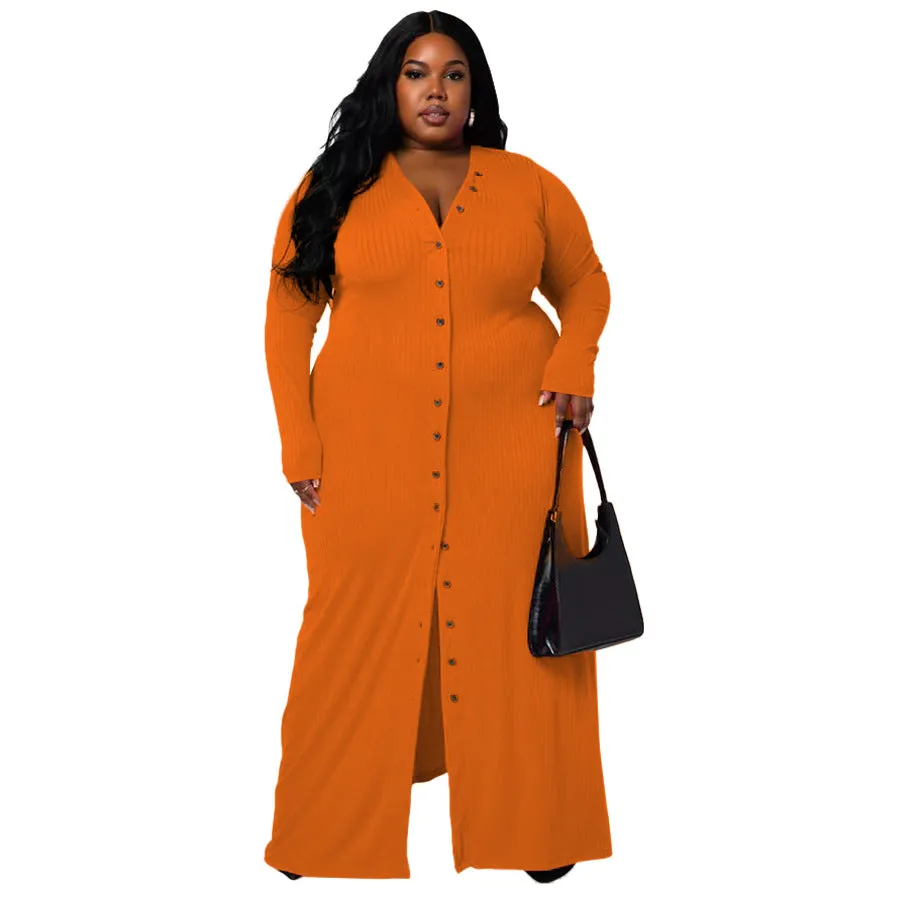 Plus Size Rib Button Maxi Shirt Dress