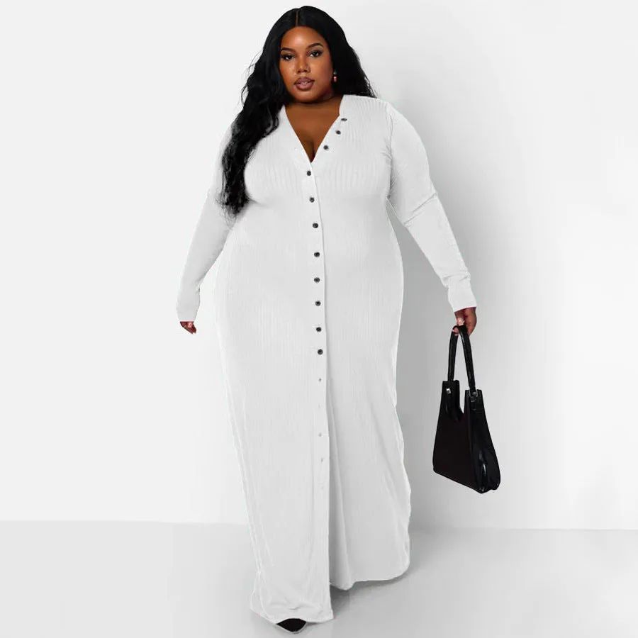 Plus Size Rib Button Maxi Shirt Dress