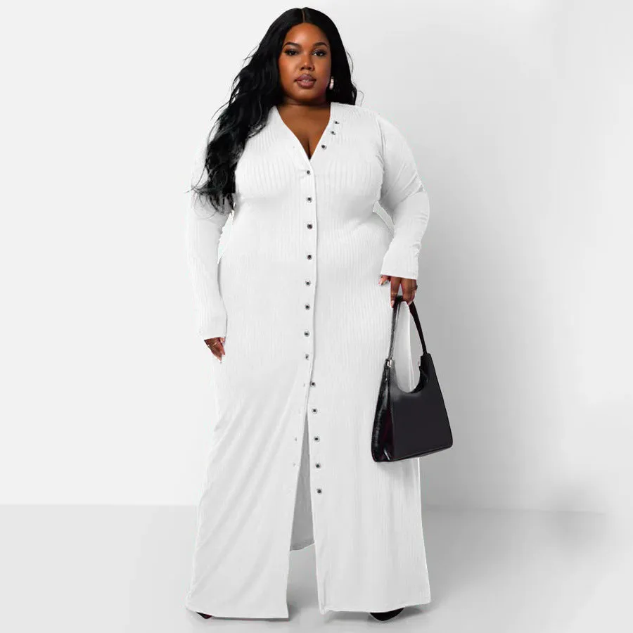 Plus Size Rib Button Maxi Shirt Dress