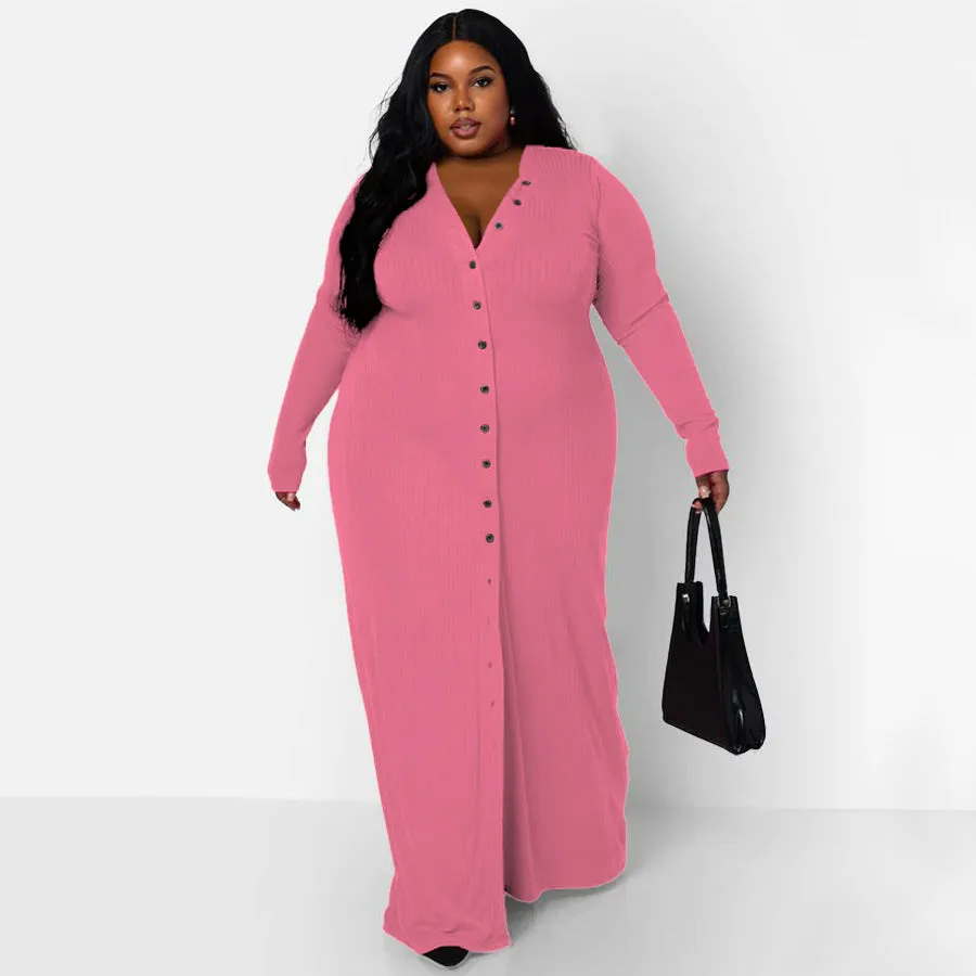 Plus Size Rib Button Maxi Shirt Dress