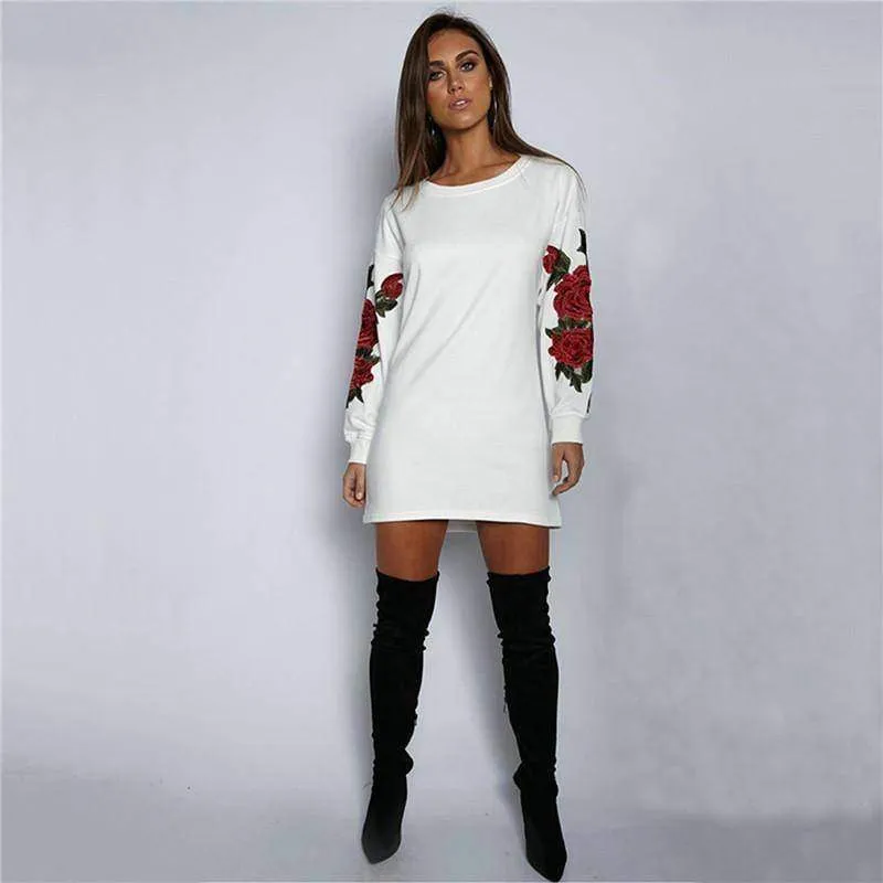 Plus Size Rose floral Embroidery Long Sleeve Pullovers Sweatshirt Hoodies S-5XL