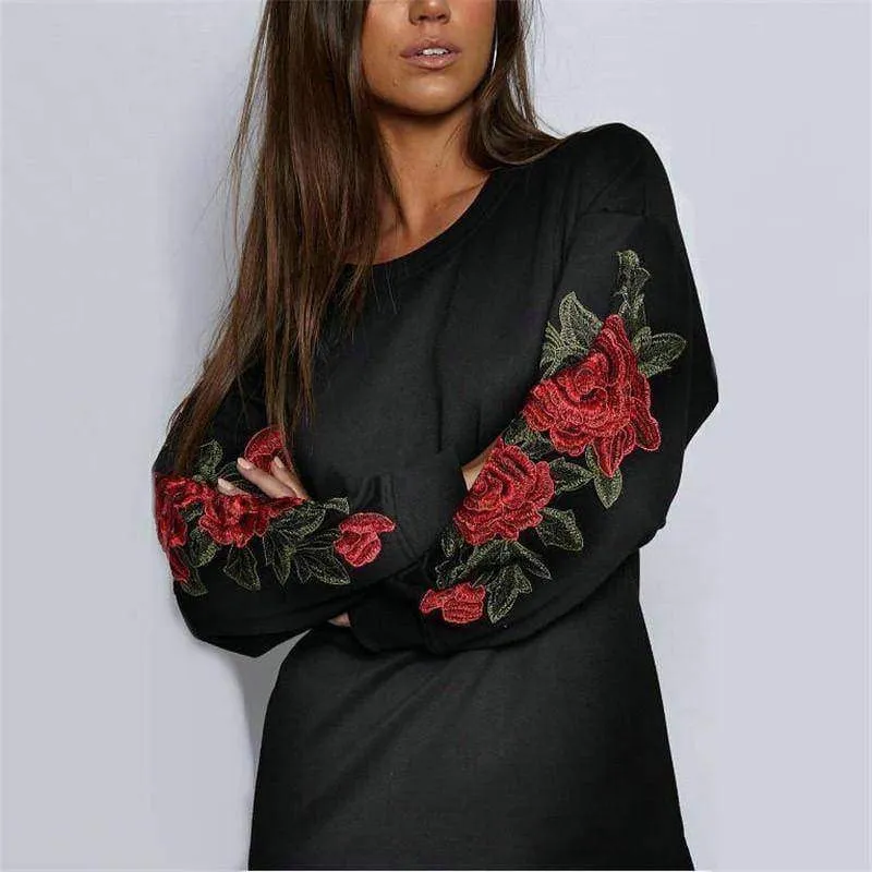 Plus Size Rose floral Embroidery Long Sleeve Pullovers Sweatshirt Hoodies S-5XL