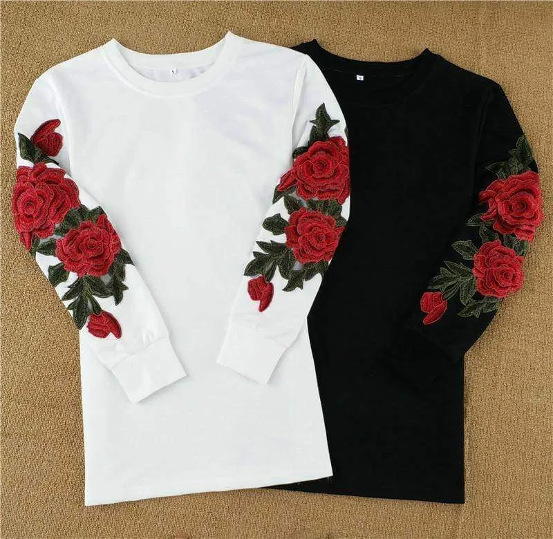 Plus Size Rose floral Embroidery Long Sleeve Pullovers Sweatshirt Hoodies S-5XL