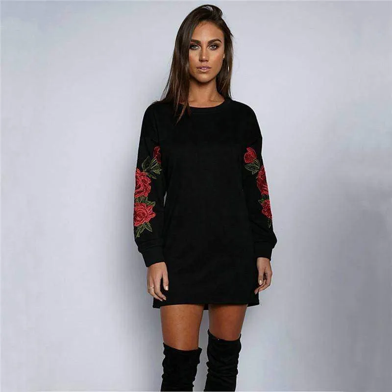 Plus Size Rose floral Embroidery Long Sleeve Pullovers Sweatshirt Hoodies S-5XL