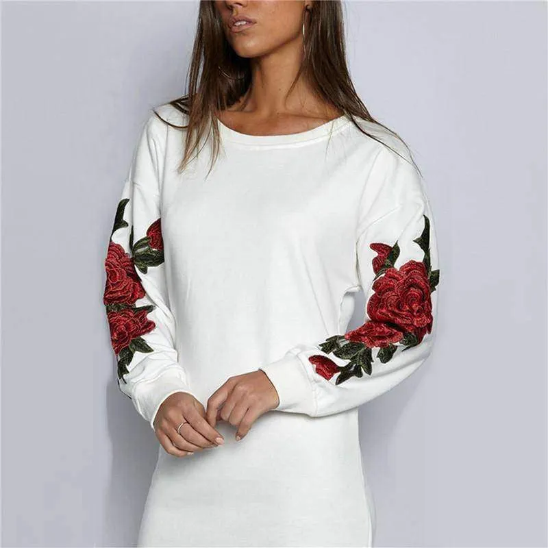 Plus Size Rose floral Embroidery Long Sleeve Pullovers Sweatshirt Hoodies S-5XL