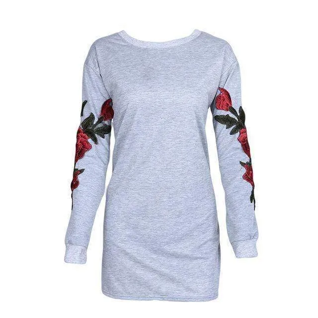 Plus Size Rose floral Embroidery Long Sleeve Pullovers Sweatshirt Hoodies S-5XL