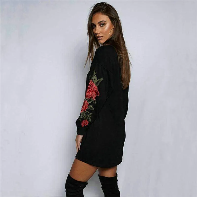 Plus Size Rose floral Embroidery Long Sleeve Pullovers Sweatshirt Hoodies S-5XL