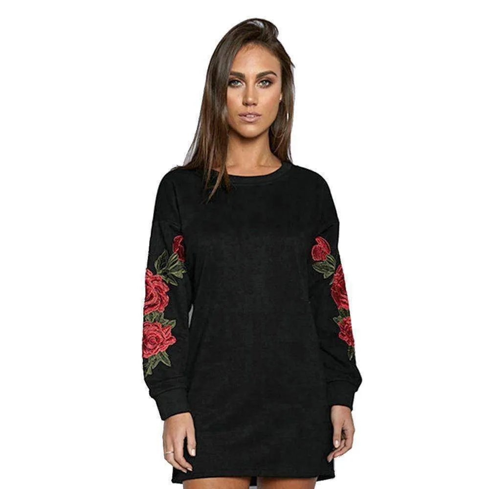 Plus Size Rose floral Embroidery Long Sleeve Pullovers Sweatshirt Hoodies S-5XL