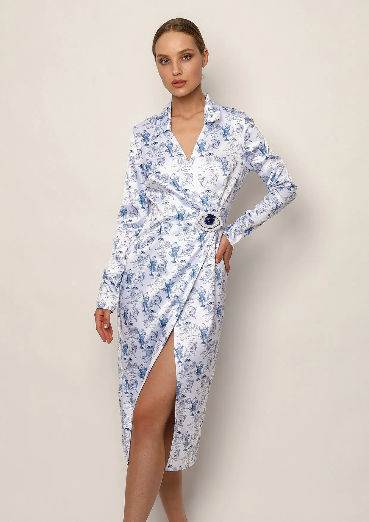 Porcelain Satin Wrap Midi Dress