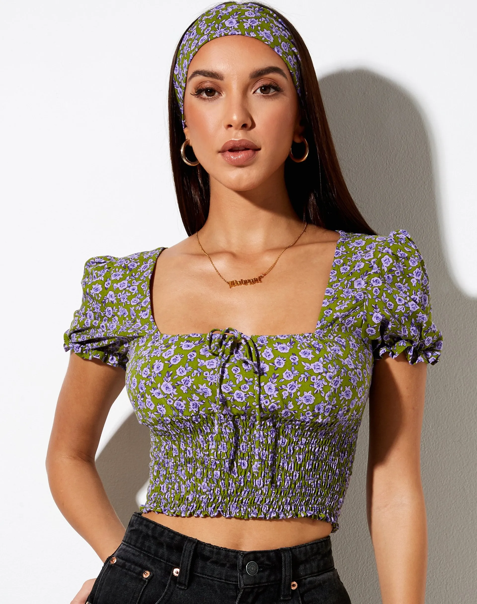 Raquel Crop Top in Autumn Blossom Khaki