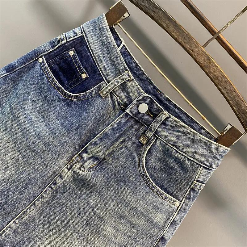 Retro Color Blocking High-Waisted Pocket Chic Bodycon Denim Skirt