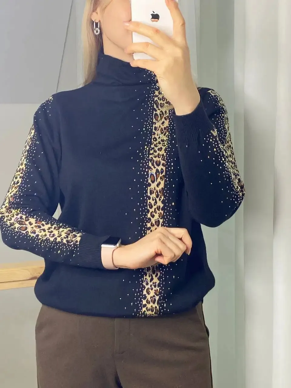 Rhinestones Leopard Turtleneck Sweaters Autumn Winter Wool Blend Bottoming Tops Long Sleeve Slim Female's Clothing B-011