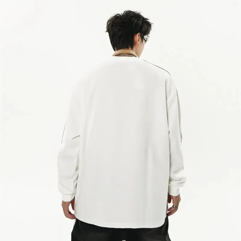 Ribbon Matching Raglan Long Sleeve Round Neck Men's Spring And Autumn Double Layer Loose Sweatshirt