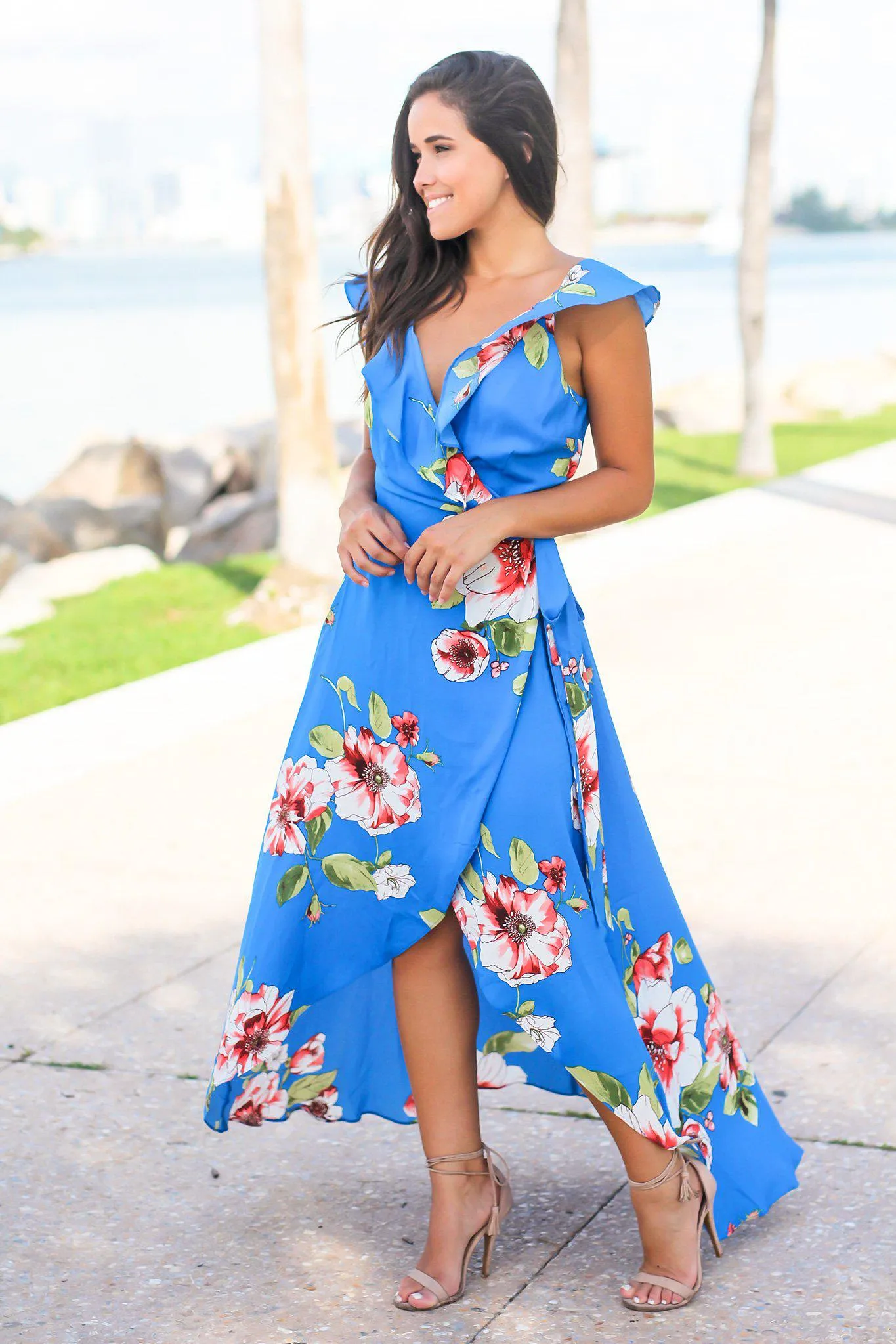 Royal Blue Floral Wrap Dress with Ruffles