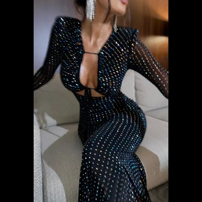 Sequined Hollow Long-sleeved Body-hugging Glittery Party Clubwear Midi Dress