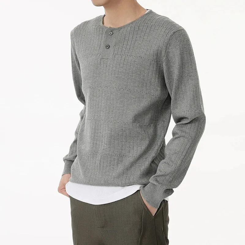 Simple Men's Knits Slim Knitting Casual Buttons Round Collar Solid Color Autumn Long Sleeved Pullover Male Tops 9C6932