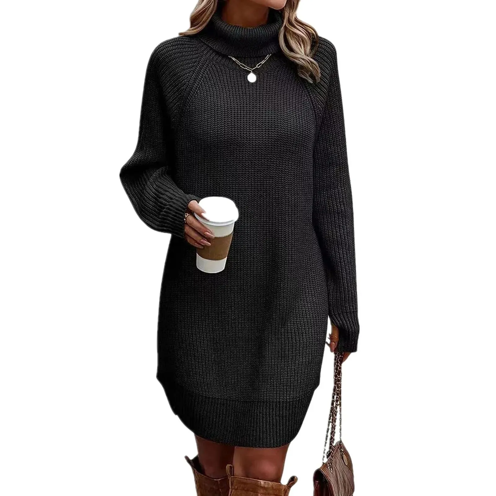 Sleeve Turtleneck Jumpers Sweaters Soft Knit Pullover Fall Winter Long Pullover Sweater Short Casual Long Dress