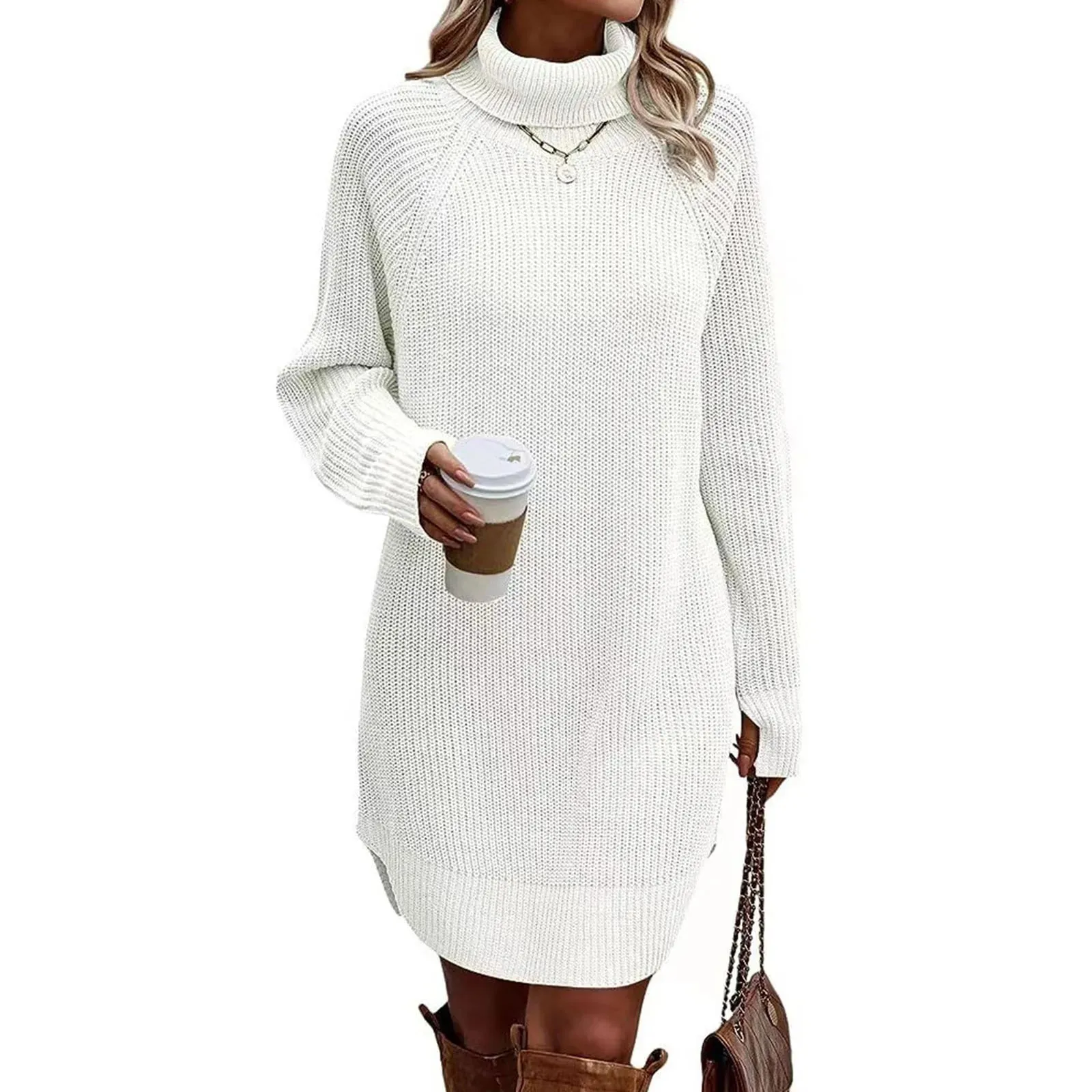 Sleeve Turtleneck Jumpers Sweaters Soft Knit Pullover Fall Winter Long Pullover Sweater Short Casual Long Dress