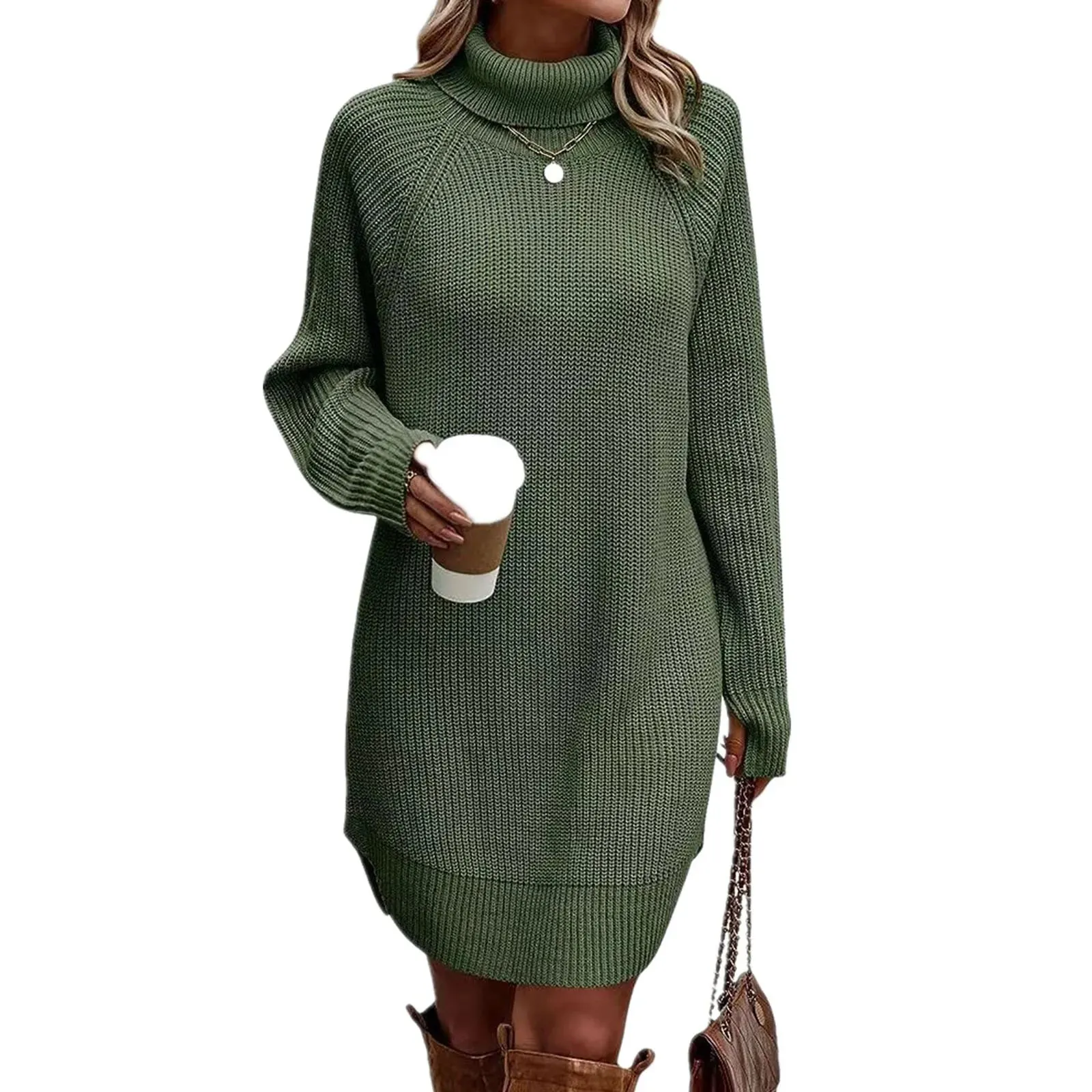 Sleeve Turtleneck Jumpers Sweaters Soft Knit Pullover Fall Winter Long Pullover Sweater Short Casual Long Dress