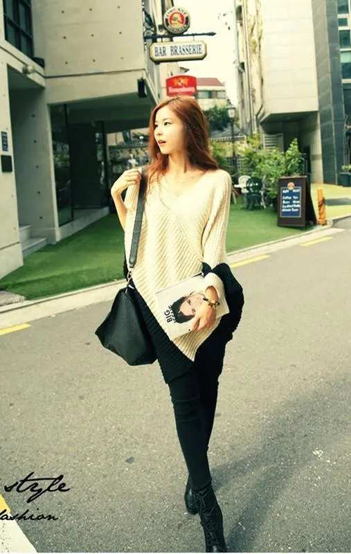 Split Joint V-neck Batwing Sleeve Knit Sweater