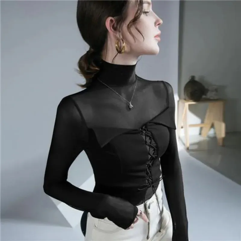 Spring Autumn Fashion High Collar Women's Clothing Leisure Versatile Slim Fit Patchwork Korean Style Tees Female Clothes Tops