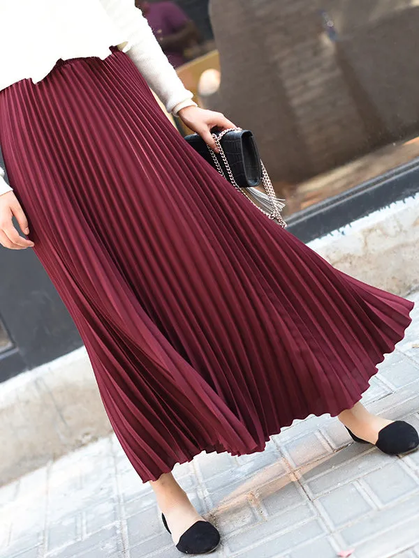 Stylish Pleated Solid Color Elastic Waist Skirts