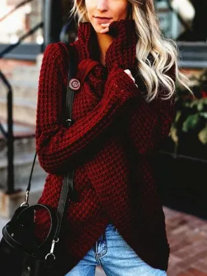 Turtleneck Cardigan Solid Color Button Irregular Sweater