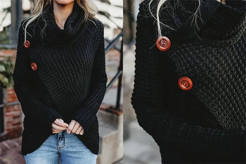 Turtleneck Cardigan Solid Color Button Irregular Sweater