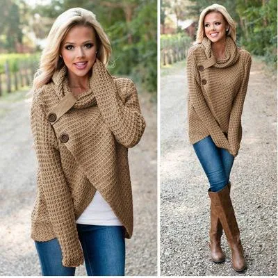 Turtleneck Cardigan Solid Color Button Irregular Sweater