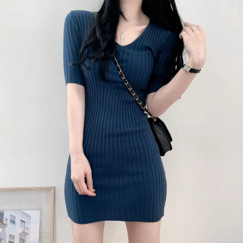 V-Neck Threaded High Waist Icy Silk Dress