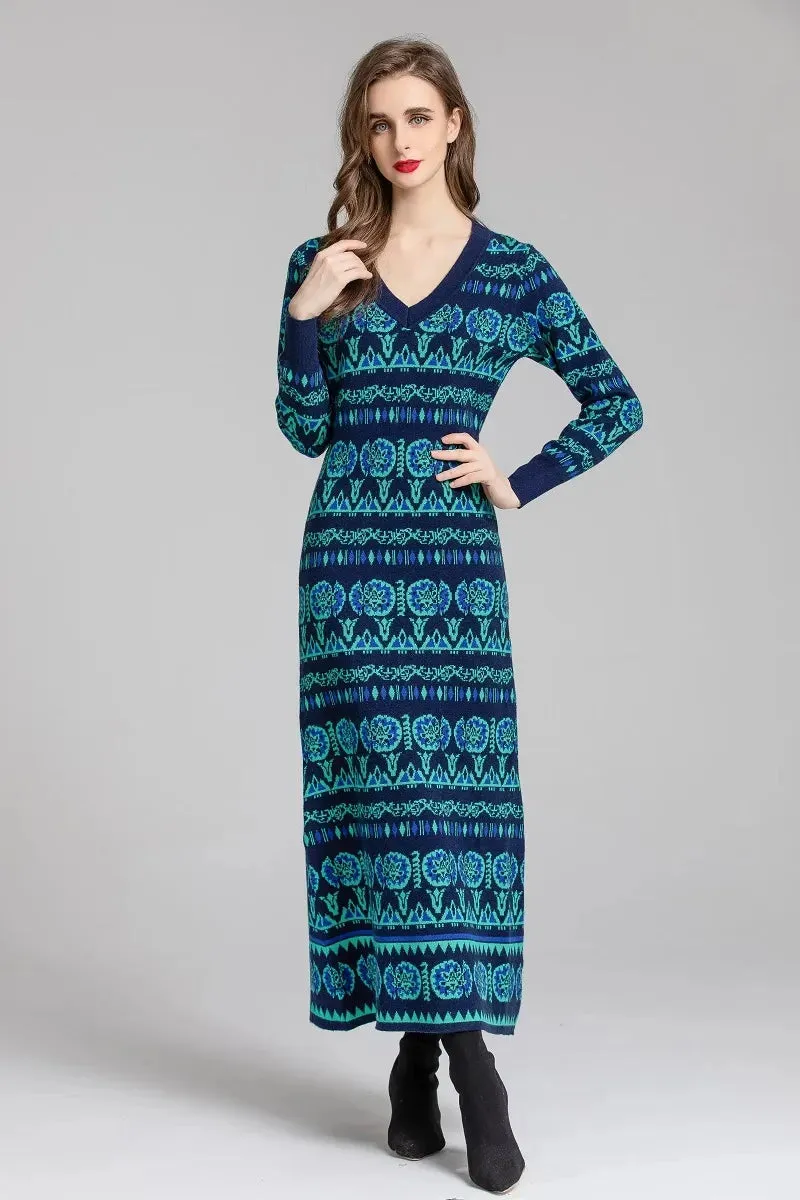 Vintage Geometric Pattern V-Neck Knitted Maxi Dress