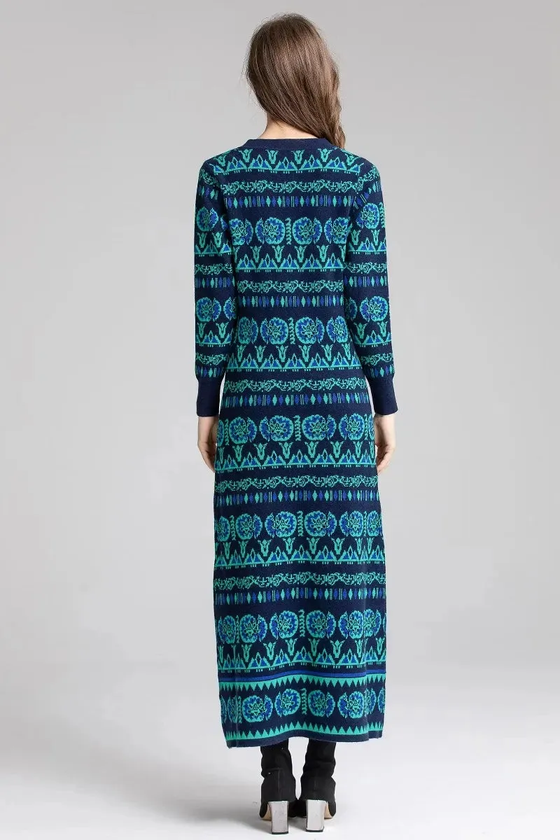 Vintage Geometric Pattern V-Neck Knitted Maxi Dress