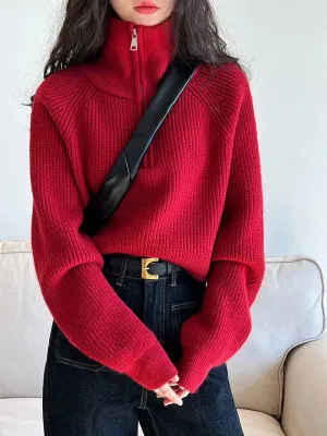 Wenkouban-Christmas Thanksgiving outfits_100% Cashmere Semi-TurtleNeck Loose Thick Red Knit Christmas Sweater