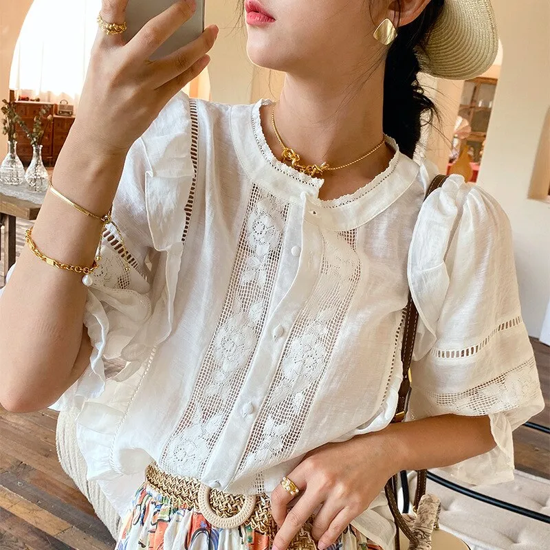 White Cotton Short Sleeve Lace Panels Shirt Ruffled