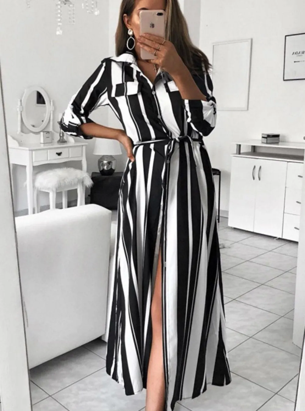 WOMEN AUTUMN SPRING LONG SLEEVE STRIPE MAXI DRESSES