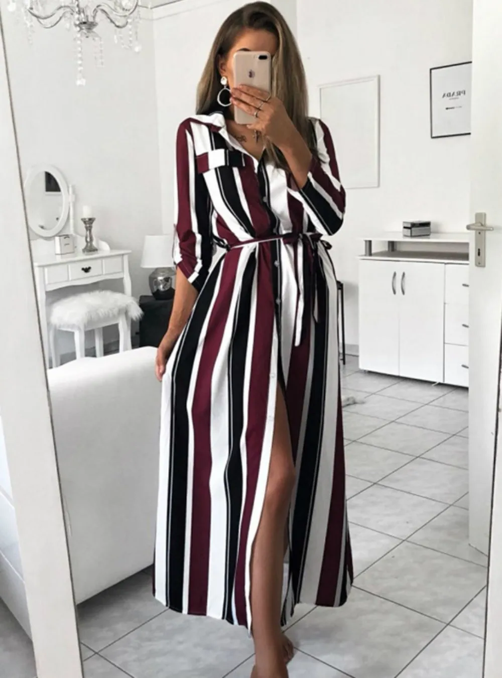 WOMEN AUTUMN SPRING LONG SLEEVE STRIPE MAXI DRESSES