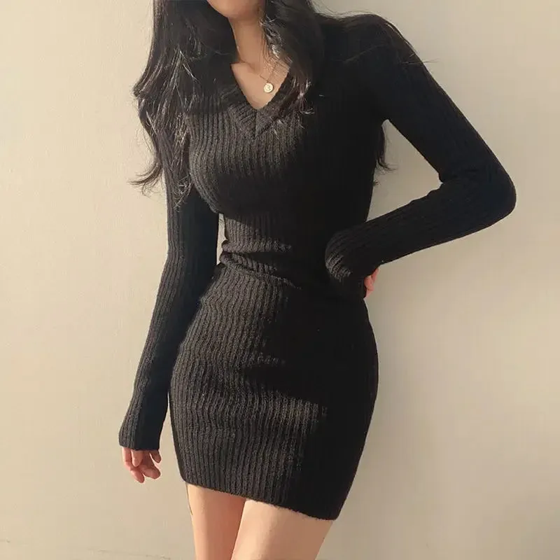 Women Knit Sexy V-Neck Long Solid Casual  Sweater Autumn Winter Midi Dresses