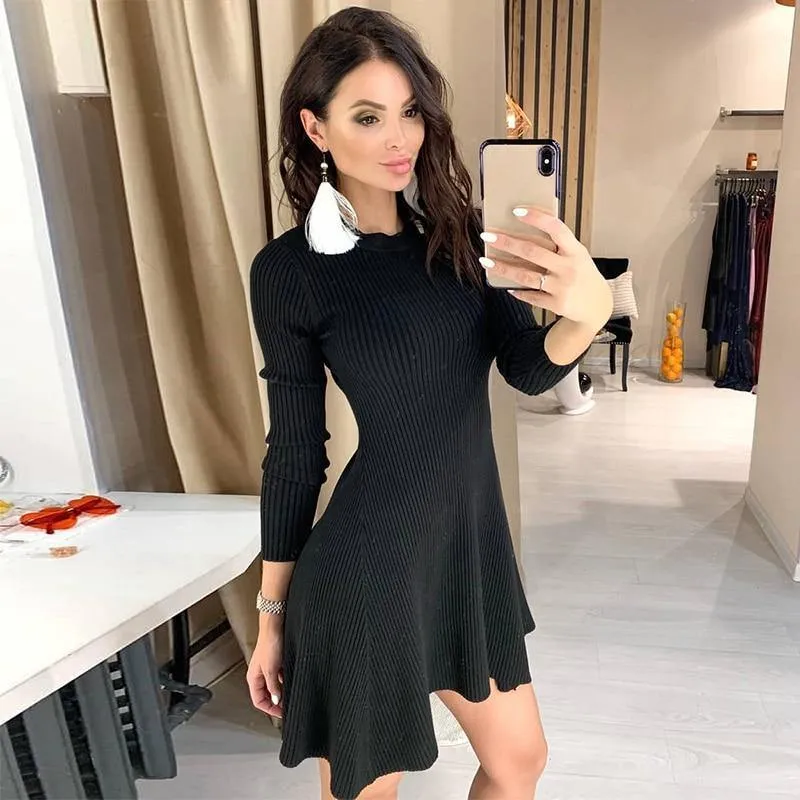 Women Long Sleeve Sweater Dress Women's Irregular Hem Casual Autumn Winter Dress Women O-neck A Line Short Mini Knitted Dresses