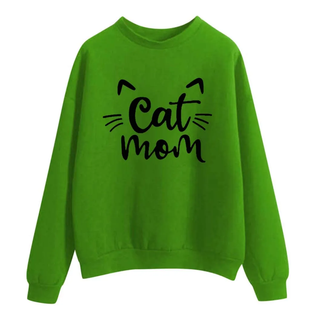 Women Sweatshirt Cat mom letter Printed Hoodie Long Sleeve Pullover Jumper