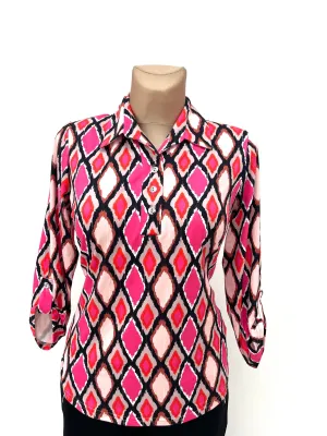 Yew Collar style top with 1/4 button. Pink Mix. Yew 4